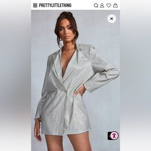 Silver Glitter Pocket Detail Oversized Blazer Dress